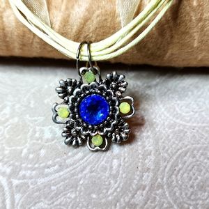 NEW! Handmade pendant Swarovski crystals on a ribbon necklace Blue Yellow Ribbon